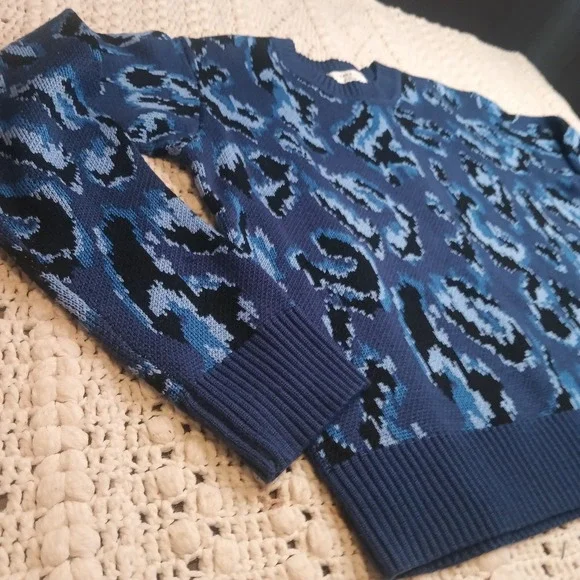Derek‎ Lam 10 Crosby Blue Animal Print Sweater RTR Womens XL Luxury Office Prep